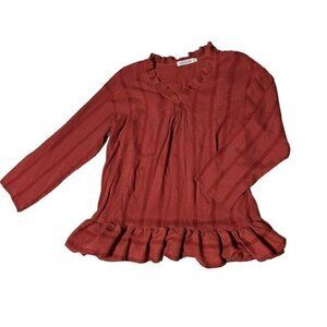 Misslook Burgundy Ruffle Small V Neck Long Sleeve Blouse Top